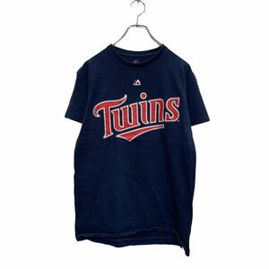 Majestic 半袖 プリントTシャツ S ネイビー レッド マジェステック MLB TWINS クルーネック ナンバリング 古着卸 アメリカ仕入 a604-5585