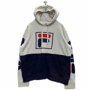 FILA プリント スウェット パーカー S ホワイト ネイビー フィラ 裏起毛 袖プリント プルオーバー 古着卸 アメリカ仕入 a601-6058