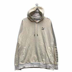 PUMA ロゴ スウェット パーカー L ホワイト プーマ 裏起毛 袖ライン プルオーバー 古着卸 アメリカ仕入 a601-6185