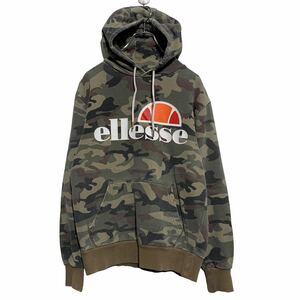 ellesse プリント スウェット パーカー S カーキ カモフラ エレッセ プルオーバー 裏起毛 ロゴ ポケット 古着卸 アメリカ仕入 a602-5208