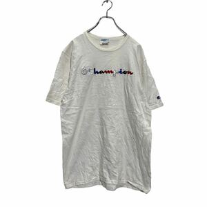 Champion 半袖 ロゴTシャツ L ホワイト レッド ブルー チャンピオン クルーネック 刺繍ロゴ 袖ロゴ 古着卸 アメリカ仕入 a603-6768