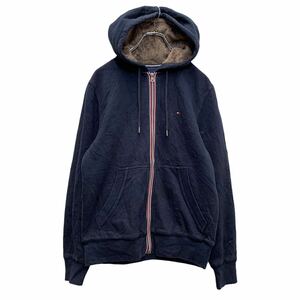 TOMMY HILFIGER ジップアップ ロゴ スウェット パーカー XS ネイビー ブラウン トミーヒルフィガー 裏ボア 古着卸 アメリカ仕入 a603-5998