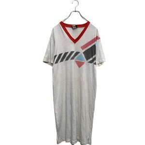 Night games short sleeves print T-shirt XL~ lady's eggshell white red USA made V neck tunic height old clothes . America buying up a604-6100