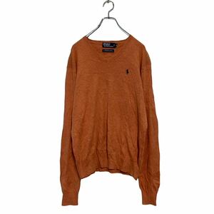 Polo Ralph Lauren コットン ニット セーター M オレンジ ポロラルフローレン 90's Ｖネック ロゴ 古着卸 アメリカ仕入 a604-6213