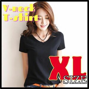 Vネック シャツ 半袖 きれいめ シンプル カットソー レディース Tシャツ 黒 XL インナー 半袖Tシャツ