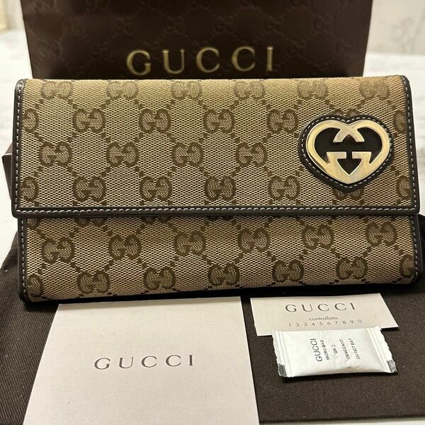 新品同様！ グッチ GUCCI 財布 長財布 GGキャンバス ラブリーハート