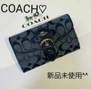 最終値下げ【新品未使用】COACH２つ折り財布　可愛い人気柄財布　新商品 デニムクリオウォレットシグネチャーシャンブレー 