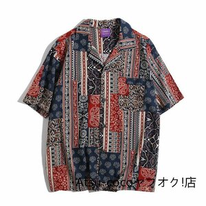 アメカジ アロハシャツ 夏 半袖 Tシャツ メンズ ゆったり カラーマッチング ワークシャツ カジュアル レトロ