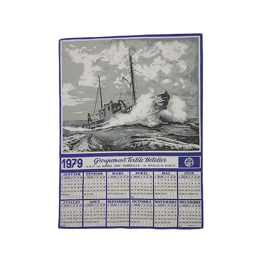 France 1979 Ship Vintage Fabric Cloth Calendar Interior Kitchen Goods, Printed materials, calendar, Painting