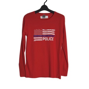 新品 GILDAN レディース ロングスリーブ tシャツ 星条旗柄にPOLICE プリントTシャツ 長袖 Sサイズ 赤色 ティーシャツ ロンt ロンティ
