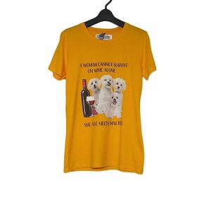 新品 tシャツ 犬とワイン プリントTシャツ 半袖 レディース Mサイズ 黄色系 ティーシャツ 動物プリント