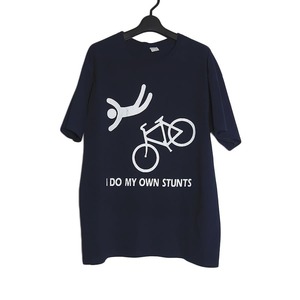 Tシャツ FRUIT OF THE LOOM 自転車と人 プリントTシャツ 紺色 メンズ Lサイズ 古着 ティーシャツ 半袖