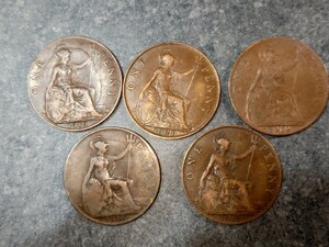 （1円スタート）イギリス　ジョージ5世　１ペニー　銅貨　1915年 2枚 1916年　1919年　1921年　5枚セット　アンティークコイン　