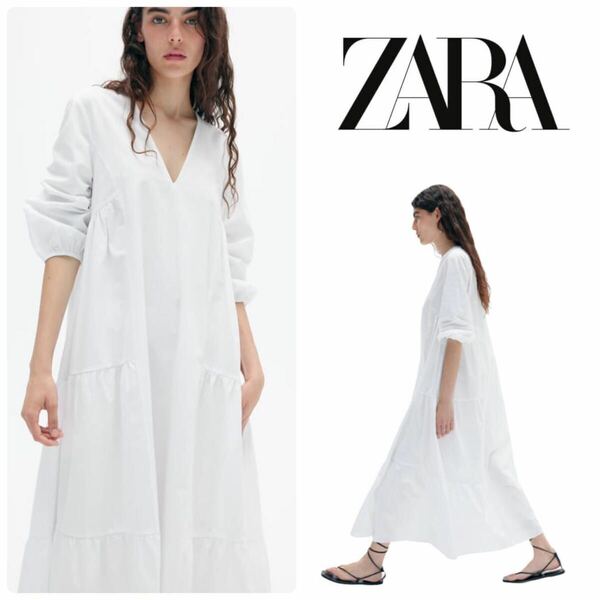 ZARA ザラ ホワイト　ポプリン　ギャザーワンピース　S ロングワンピース　 白　ティアード　七分袖　Vネック