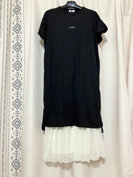 ブラックロングTシャツ+ホワイト系ロングワンピースセット新品LL