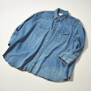 ★風合良 アメカジ 古着 ラングラー WRANGLER デニム ウエスタン シャツ M インディゴ ルーズ ラウンド裾 ユニセックス メンズライク★