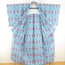 ウール着物 単衣 変わり格子模様 織り文様 バチ衿 青色 カジュアルきもの 仕立て上がり 身丈152cm_画像4