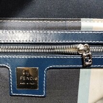 美品　FENDI　保護フィルム付きマーブル「FF」ロゴプレートコットンバッグ インディゴブルー x ホワイトステッチ　 レザーワンショルダー　_画像6