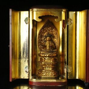 【LIG】仏教美術 木彫金彩色 観音菩薩坐像 27㎝ 仏像 朱塗厨子 寺院収蔵品 [.O]24.3の画像2