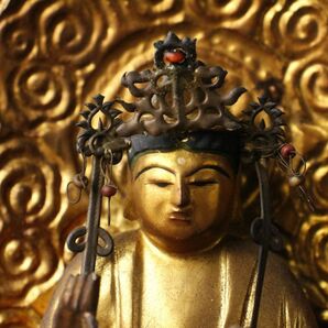 【LIG】仏教美術 木彫金彩色 観音菩薩坐像 27㎝ 仏像 朱塗厨子 寺院収蔵品 [.O]24.3の画像5
