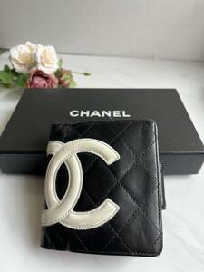 美品　シャネル　CHANEL カンボンライン　ラムスキン　がま口　折り財布　2つ折り　ブラック　ピンク　シリアルシール有り　本物　白黒