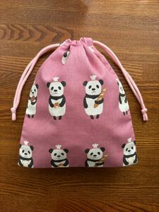 パンダ×パン　巾着　25㎝×20㎝　ハンドメイド　給食袋　ピンク　裏布なし　丈夫な生地　両しぼり　かわいい　小物入れ　バッグインバッグ