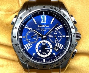 1スタ～美品 □ 稼働品 セイコー 8B82-0AG0 ブライツ メンズ 電波ソーラー ブルー文字盤 SEIKO コマ付き 箱・保証書 腕時計□