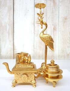  tradition industrial arts industrial arts fine art *. higashi for high class large Buddhist altar fittings * crane turtle . pcs lion . censer .. fire . censer * family Buddhist altar Buddhist altar fittings . ornament old thing old fine art metalwork 