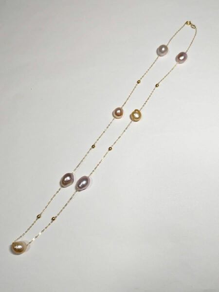 K18YG 本真珠　マルチカラー　無調色　淡水　デザイン　ネックレス