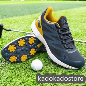  golf shoes new goods sport shoes strong grip sport shoes switch men's wide width gentleman sneakers . slide enduring . ventilation navy blue / yellow 24.5-29