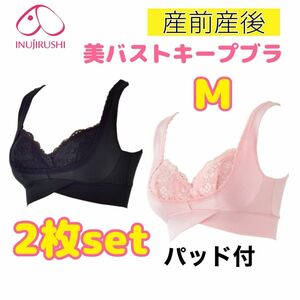 犬印 パッド付★美バストキープブラ 授乳ブラジャー マタニティブラジャー M 2枚セット★