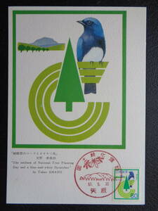 マキシマムカード 　1982年 　 国土緑化　　マークとオオルリ鳥　　矢板/昭和57.5.22 　　MCカード