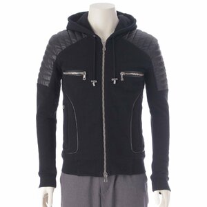 【バルマン】Balmain　メンズ レザー 切替 ジップアップ バイカー パーカー W5HJ219D125 ブラック XS 【中古】【正規品保証】203502