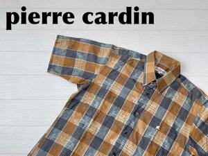 ☆送料無料☆ pierre cardin ピエールカルダン 古着 半袖 チェック 胸ポケット付き シャツ 日本製 メンズ M ブラウン トップス 中古 即決