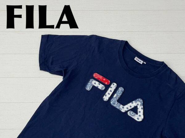 ☆送料無料☆ FILA フィラ 古着 半袖 ロゴ Tシャツ レディース L ネイビー トップス 中古 即決