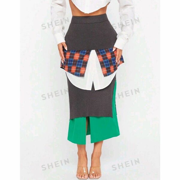 SHEIN Haute チェック スカート リブスカート レイヤードスカート