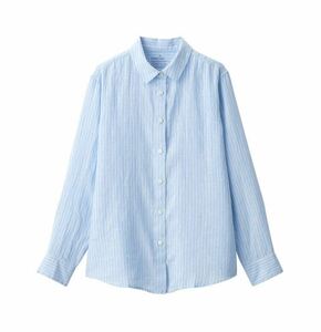 【上質】リネン洗いざらしレギュラーカラー長袖シャツ　ライトブルー　M