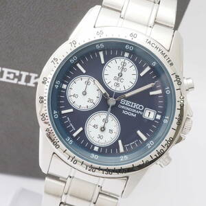 【希少品】セイコー クロノグラフ 7T92-0DW0 A0 SEIKO CHRONOGRAPH 100M デイト SS クォーツ 紺文字盤 メンズ 腕時計+元箱[071427-ZC3