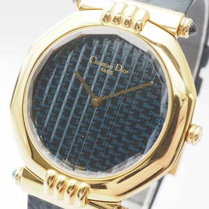 クリスチャン・ディオール オクタゴン 63151 Christian Dior クォーツ ゴールド 黒×紺文字盤 革ベルト ボーイズ 腕時計[647591-AN8