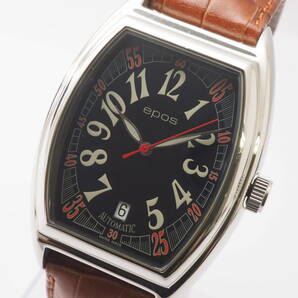 エポス オートマチック トノー型 3332 epos デイト 25石 SS 自動巻 ブラック 黒文字盤 裏スケ 革ベルト メンズ腕時計[04/05-AY8の画像1