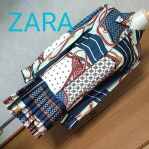 美品 ZARA ザラ スカーフ柄ワンピース チュニック シャツワンピース チェーン柄 ブラウスワンピース