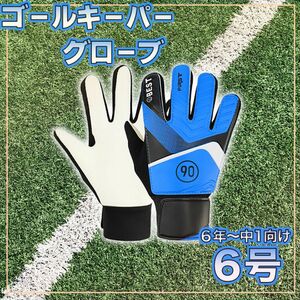 【早いもの勝ち】キーパー手袋　ブルー　6号　キッズ　サッカー　着脱簡単　キーパー　怪我防止　保護具手袋　ジュニア　