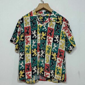 【60】 希少 美品 STAR OF HOLLYWOOD ライオン 総 柄 オープンカラー アロハ シャツ L スターオブハリウッド 東洋 マルチ aloha shirt