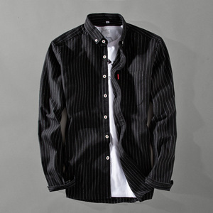 ボタンダウンシャツ メンズ 長袖 カジュアル コットン スリム ストラップ柄 シンプル 柔らかい ポケット付き 新作　ブラック