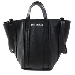 極美品◎BALENCIAGA バレンシアガ 672791 エブリデイ ノースサウス スモール レザー 2WAY ショルダー／トートバッグ ブラック レディース