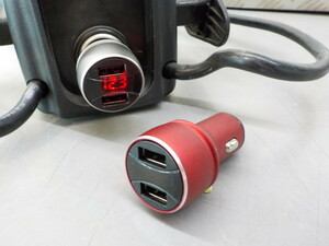 ラスト2点♪（KS）フルメタル電圧計付　シガーソケット赤（シガーライター）12V~24V 