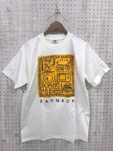 訳あり新品 レトロ オールド スーベニア お土産 アジア古着 BANGKOK バンコク タイ ゆるいイラスト 象形文字 半袖Tシャツ 白 メンズ