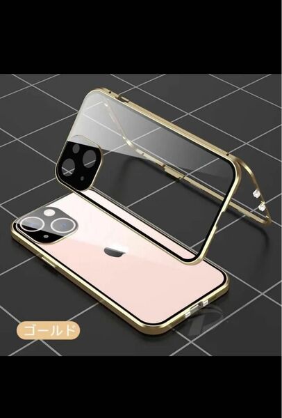 iPhone15 Pro Max 前後強化ガラスケース 耐衝撃 レンズカバー一体型 ダブルロック付 ゴールド