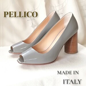 『PELLICO｜ペリーコ』オープントゥ スクエアトゥ パンプス/本革/グレー/太ヒール/34 1/2(22cm位)イタリア製