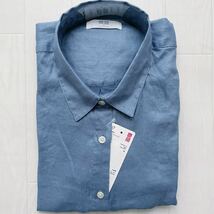 新品 S UNIQLO ユニクロ プレミアムリネンシャツ レディース 長袖 ブルー 水色 くすみブルー 麻 シャツ ボタンダウン 定番 _画像1